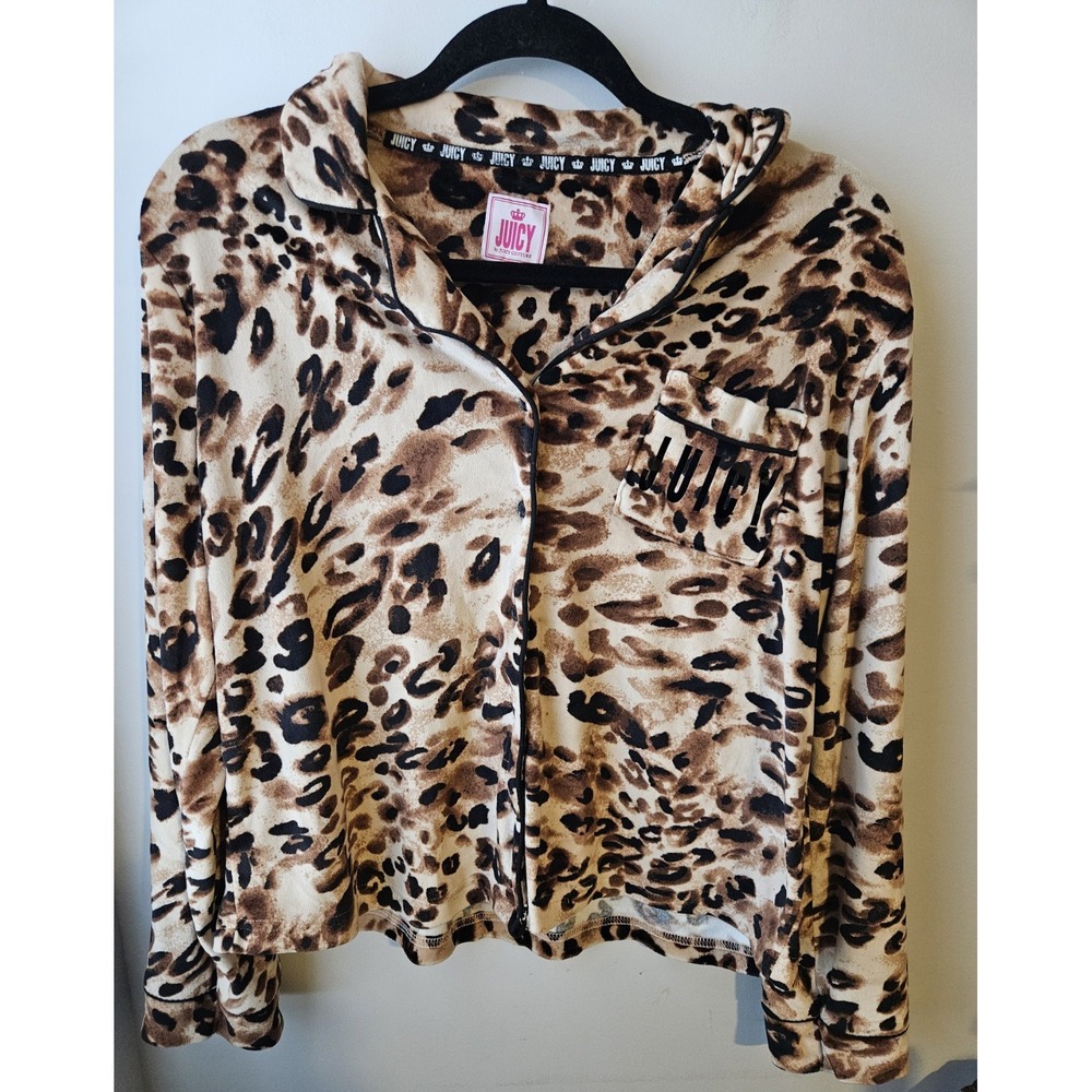 Juicy Couture Pajama Top Womens Medium Leopard Print Velour Sleepwear Pocket Y2k